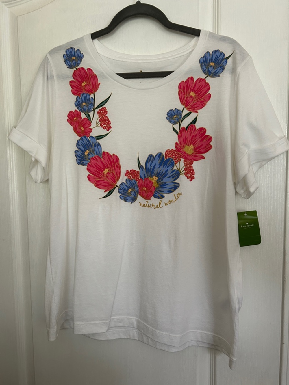 kate spade White Floral Wreath Crewneck Tee with Pink & Blue Flowers, Size XL